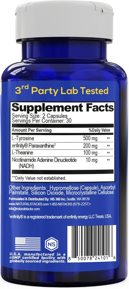 NeuroAlert Paraxanthine 200mg Caffeine Free Energy Supplement, 60 Capsules | With L-Tyrosine, L-Theanine and NADH. Smooth focus and mental drive without jitters or crash. Ideal for work and workouts.