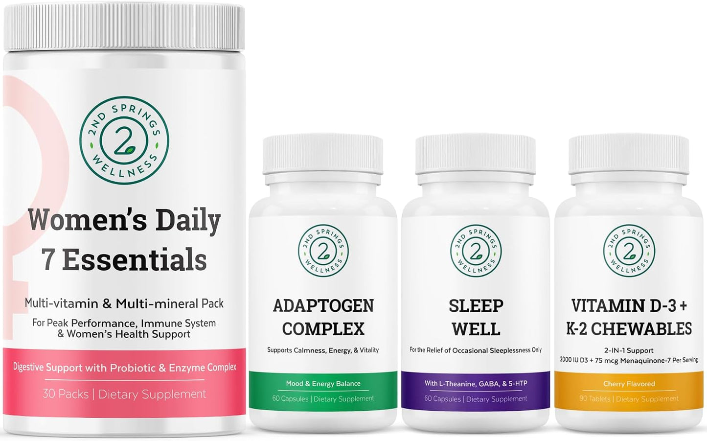 Women's Daily 7 Essentials, Adaptogen Complex, Sleep Well & Vitamin D3 + K2 Chewables Bundle