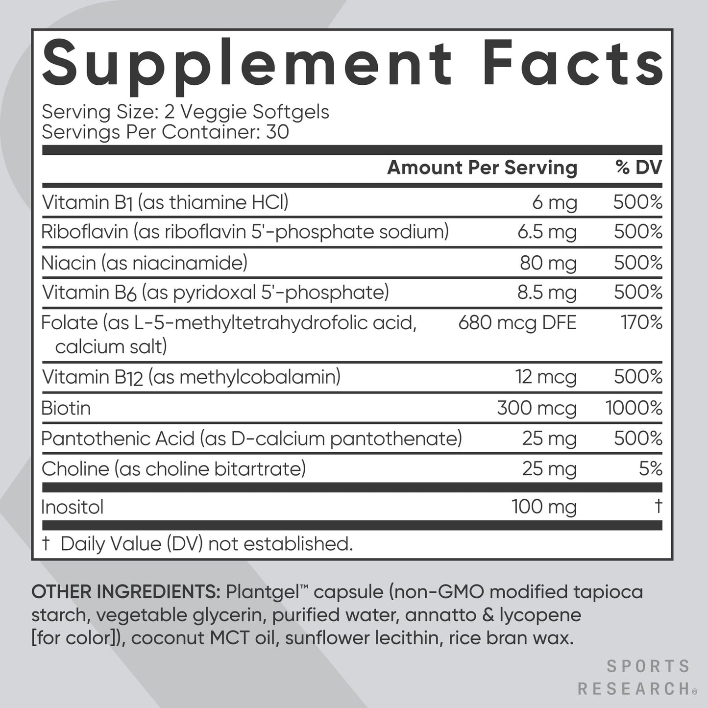 Sports Research® Vitamin B-Complex - Full Spectrum of B Vitamins with Methylated B12 & Folate - Gluten Free · Plant-Based · Non-GMO · Vegan-Friendly Formula - 120 Veggie Softgels