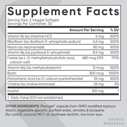 Sports Research® Vitamin B-Complex - Full Spectrum of B Vitamins with Methylated B12 & Folate - Gluten Free · Plant-Based · Non-GMO · Vegan-Friendly Formula - 120 Veggie Softgels
