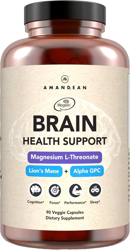AMANDEAN Brain Supplement, Magnesium L-Threonate, Lions Mane, Alpha GPC