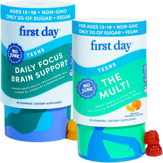 FIRST DAY Teens Apple Brain Focus Gummies & Orange Multivitamin Gummies | Daily Nutrients, Immunity, Mood, & Focus | Clean Label Project Verified® | Vegan | 30-Day Supply