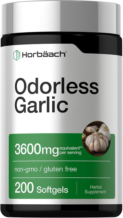 Horbäach Odorless Garlic Softgel Supplement | 200 Pills | Ultra Potent Concentrated Herbal Extract | Non-GMO & Gluten Free