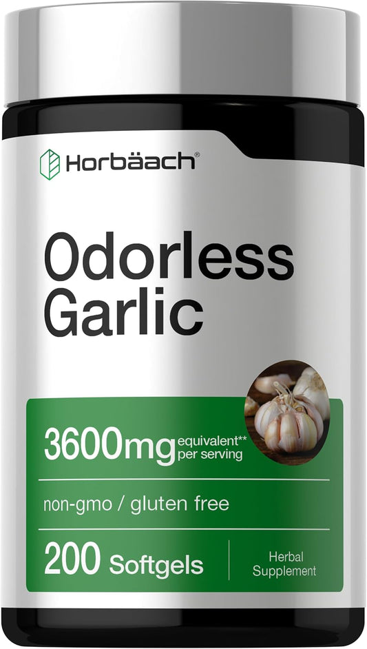 Horbäach Odorless Garlic Softgel Supplement | 200 Pills | Ultra Potent Concentrated Herbal Extract | Non-GMO & Gluten Free
