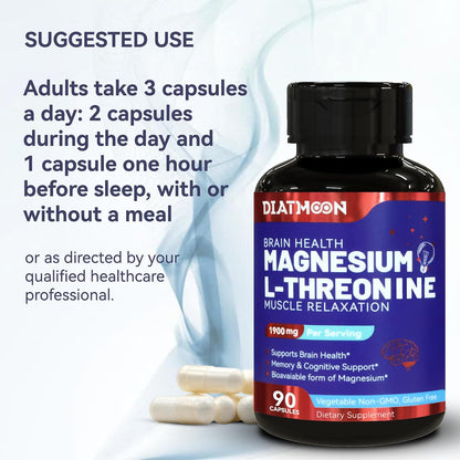 Magnesium L-Threonine, High Absorption Magnesium Supplement,90 Capsules | 1900mg Magnesium Threonine,Gluten Free,Vegan Capsules, 30 Day Supply