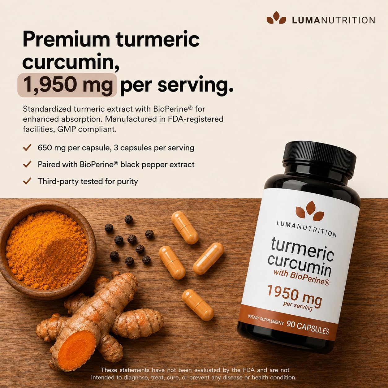 Luma Nutrition Turmeric Supplement Curcumin with Black Pepper - 90 Capsules