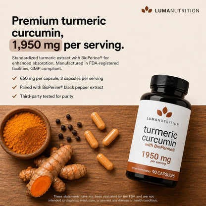 Luma Nutrition Turmeric Supplement Curcumin with Black Pepper - 90 Capsules