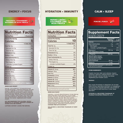 Salud Variety 3-Pack | 2-in-1 Energy + Focus (Strawberry Watermelon), Hydration + Immunity (Cucumber Lime) & Calm + Sleep (Punch) – 15 Servings Each, Non-GMO, Gluten Free, Low Calorie, 1g of Sugar