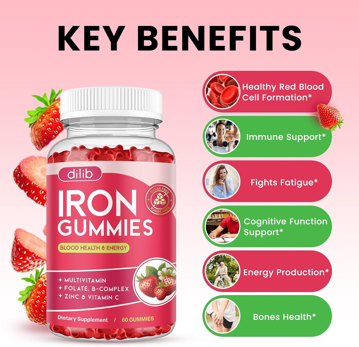 Iron Gummies with Multivitamin, Iron Supplement for Women & Men with Zinc, Vitamin B Complex & C, B12, Folate - Blood Builder & Energy Support for Adults & Kids - Strawberry Flavor, Vegan 60 Gummies