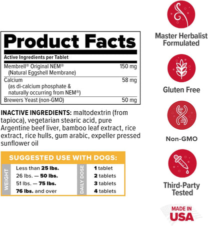 Redd Remedies, RE-NU for Pets, Joint Pain Relief Support for Dogs with Glucosamine, Chondroitin, and Collagen from NEM, Calcium and Brewer’s Yeast, Made in The USA, 60 Chewable Tablets