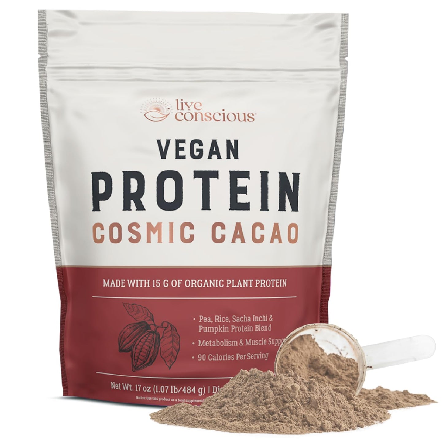 Live Conscious Cosmic Cacao - Organic Vegan Protein Powder, Chocolate Flavor, Plant-Based Blend - Pea Protein, Brown Rice, Pumpkin, Sacha Inchi - 20 Servings, 17 oz