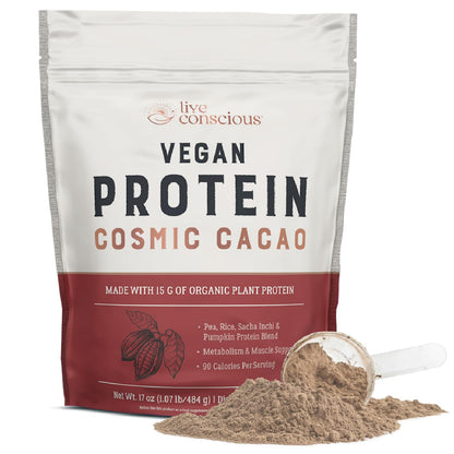 Live Conscious Cosmic Cacao - Organic Vegan Protein Powder, Chocolate Flavor, Plant-Based Blend - Pea Protein, Brown Rice, Pumpkin, Sacha Inchi - 20 Servings, 17 oz