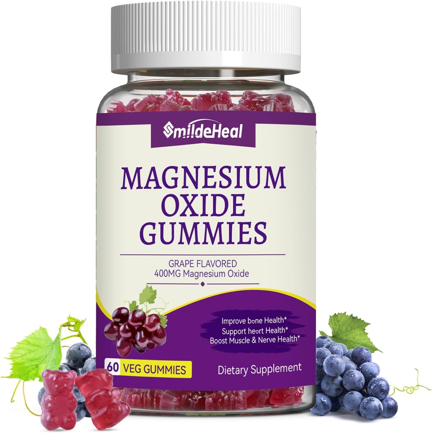Magnesium Oxide Gummies 400mg - Magnesium Gummies for Women & Adults | Chewable Magnesium Supplement for Nerve & Muscle Support* | Sugar-Free, Vegan | 60 Gummies