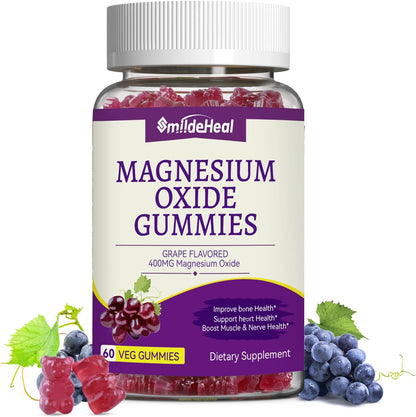 Magnesium Oxide Gummies 400mg - Magnesium Gummies for Women & Adults | Chewable Magnesium Supplement for Nerve & Muscle Support* | Sugar-Free, Vegan | 60 Gummies
