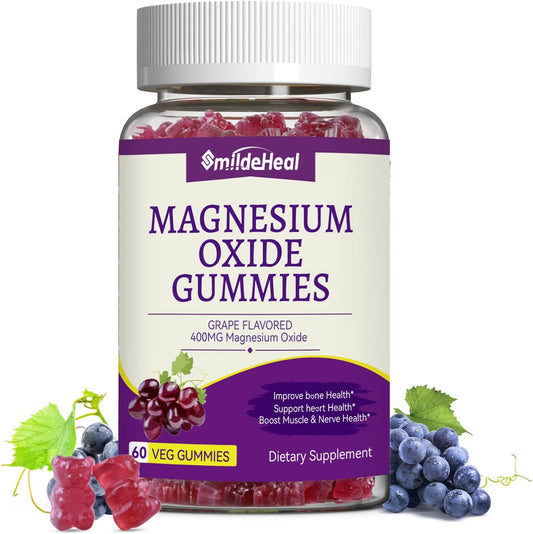 Magnesium Oxide Gummies 400mg - Magnesium Gummies for Women & Adults | Chewable Magnesium Supplement for Nerve & Muscle Support* | Sugar-Free, Vegan | 60 Gummies