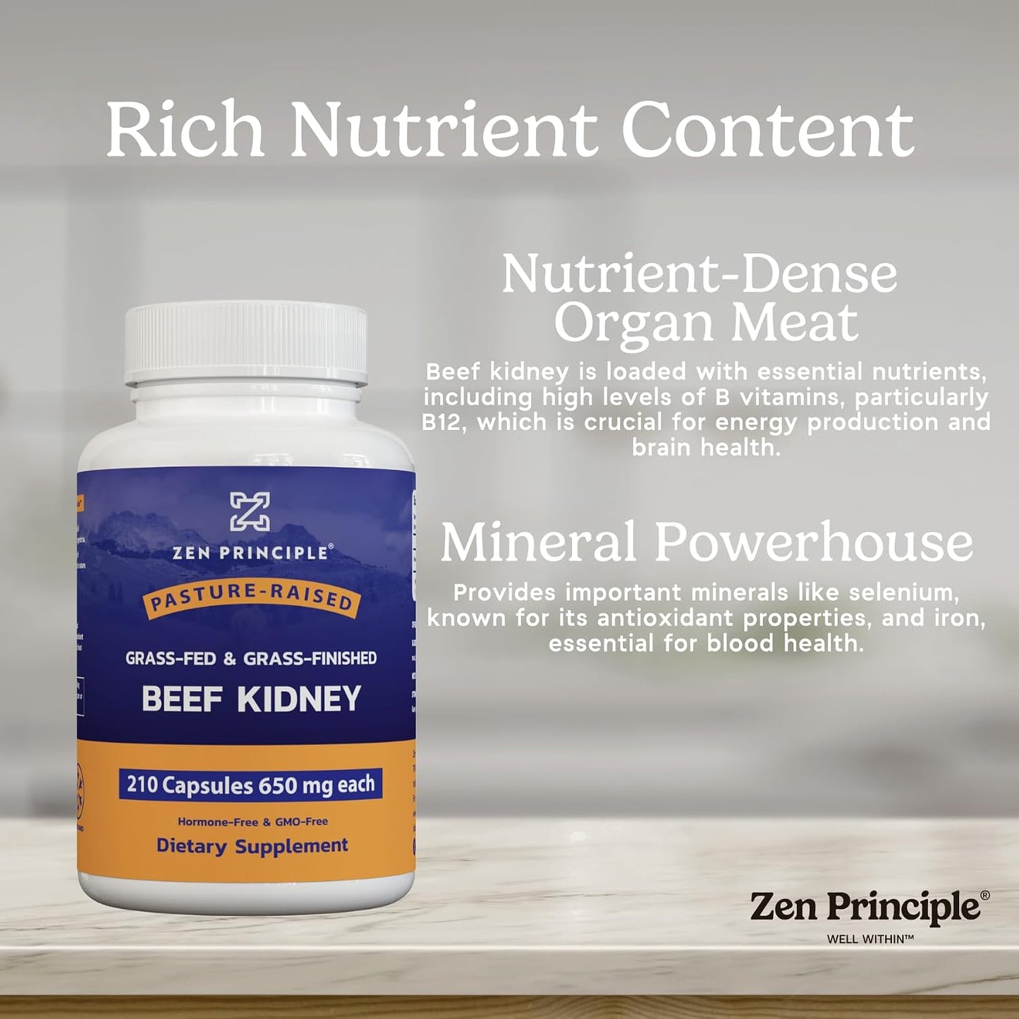Zen Principle Grass Fed Beef Kidney Supplement, 420 Capsules, 3000mg. DAO Enzyme for Histamine Health. Selenium and B12 for Thyroid Support.