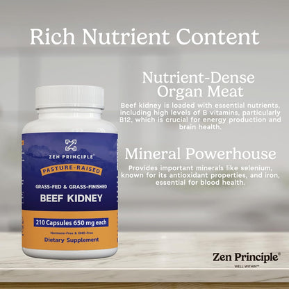 Zen Principle Grass Fed Beef Kidney Supplement, 420 Capsules, 3000mg. DAO Enzyme for Histamine Health. Selenium and B12 for Thyroid Support.