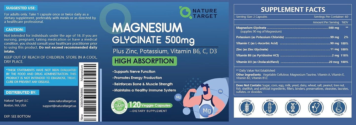 NATURE TARGET Magnesium Glycinate 500 mg with Zinc, 120 Vegan Capsules | Chelated, Non-Buffered Magnesium With Vitamin D3 & B6 For Muscle, Nerve, Bone, Heart And Immune Support, Non-Gmo, Gluten-Free