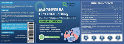 NATURE TARGET Magnesium Glycinate 500 mg with Zinc, 120 Vegan Capsules | Chelated, Non-Buffered Magnesium With Vitamin D3 & B6 For Muscle, Nerve, Bone, Heart And Immune Support, Non-Gmo, Gluten-Free