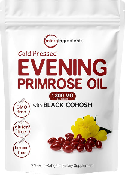 Evening Primrose Oil 1300mg Per Serving, 240 Softgels | Enhanced with 40mg Black Cohosh Extract, Cold Pressed – 10% Active GLA, Non-GMO, No Gluten, Easy to Swallow