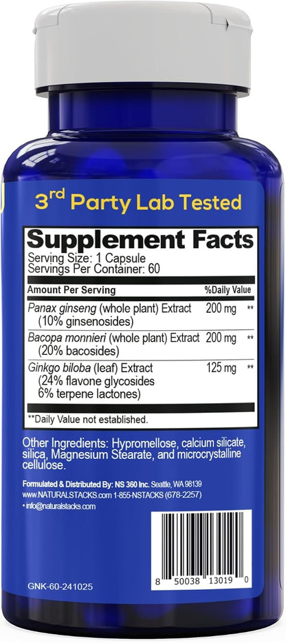Ginkgo Biloba Supplement w/ Ginseng 200mg & Bacopa Monnieri - 60 Capsules | Brain Supplement for Memory and Focus - Panax Ginseng for Men & Women - Non-GMO & Gluten Free - Natural Stacks