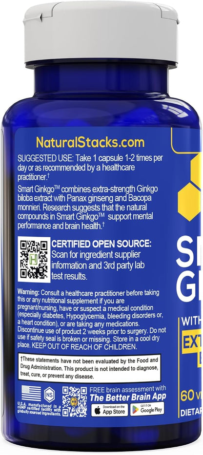 Ginkgo Biloba Supplement w/ Ginseng 200mg & Bacopa Monnieri - 60 Capsules | Brain Supplement for Memory and Focus - Panax Ginseng for Men & Women - Non-GMO & Gluten Free - Natural Stacks