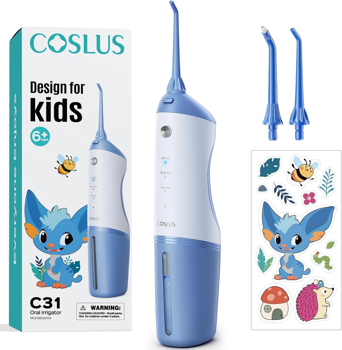 COSLUS C31 Kids Water Dental Flosser, Safe & Gentle for Ages 6+, Blue White