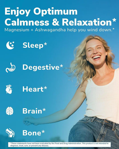 Vitalibre Magnesium Complex with Ashwagandha, L-Theanine & Vitamin D3, B6 | Stress Relief, Bone & Relaxation Support - w/ Magnesium Glycinate, Citrate, Malate, Taurate - Non-GMO, 90 Capsules