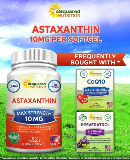 aSquared Nutrition Astaxanthin Supplement - Natural Astaxanthin Pills from Haematococcus Pluvialis Extract for Pure Energy - Max Strength 10mg - 120 Softgels