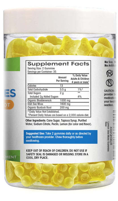 Sea Moss Gummies Plus Organic Bladderwrack and Burdock Root. Tasty Alternative to Sea