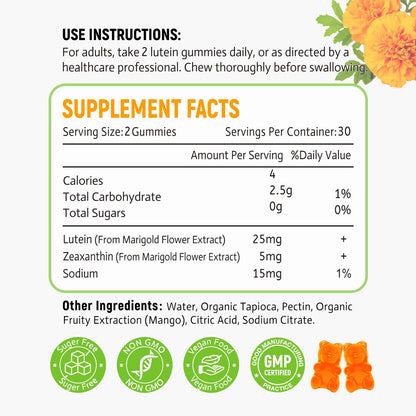 Lutein Gummies 25mg - Eye Vitamins Lutein & Zeaxanthin Eye Health Supplements for Adults,Sugar Free Eye Health Gummies Supplement - Support Vision,Macular,Blue Light Filtering (120 Count)