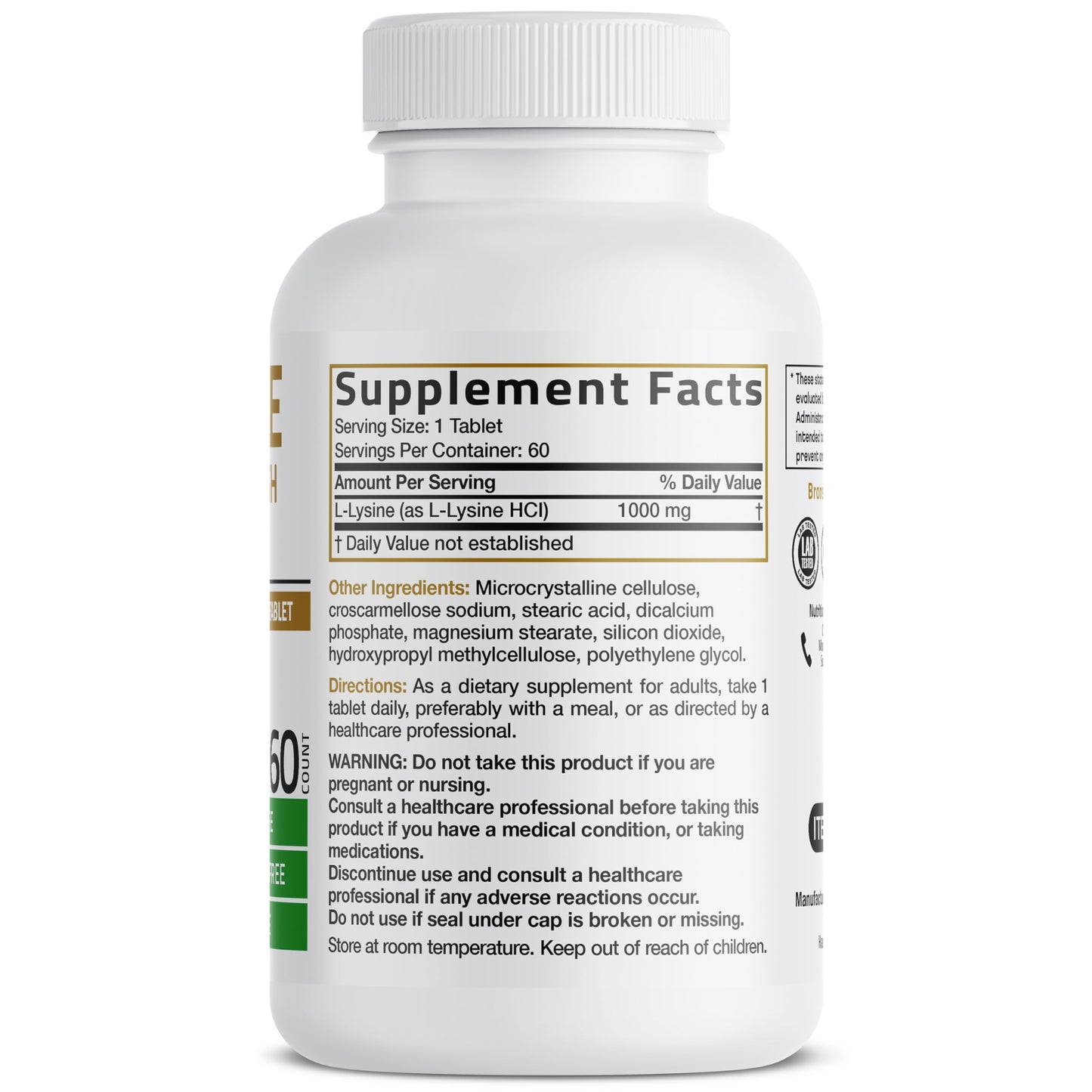 Bronson L-Lysine Extra Strength 1000 MG per Tablet High Potency, Immune Support & Supports Collagen Synthesis, Non-GMO, 100 Vegetarian Tablets