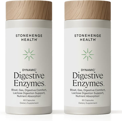 Stonehenge Health Dynamic Digestive Enzymes -18 Enzymes with BioCore Optimum Complete (Protease, Lipase, Amylase, Lactase) + Zinc & Vitamin K1 + Phytonutrients – Gas Support – 60 Caps (2 Pack)