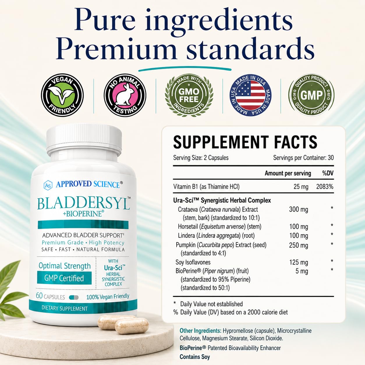 Approved Science Bladdersyl - Urinary Incontinence, Bladder Support - High Absorption - 60 Capsules - Pack of 1 - Vegan