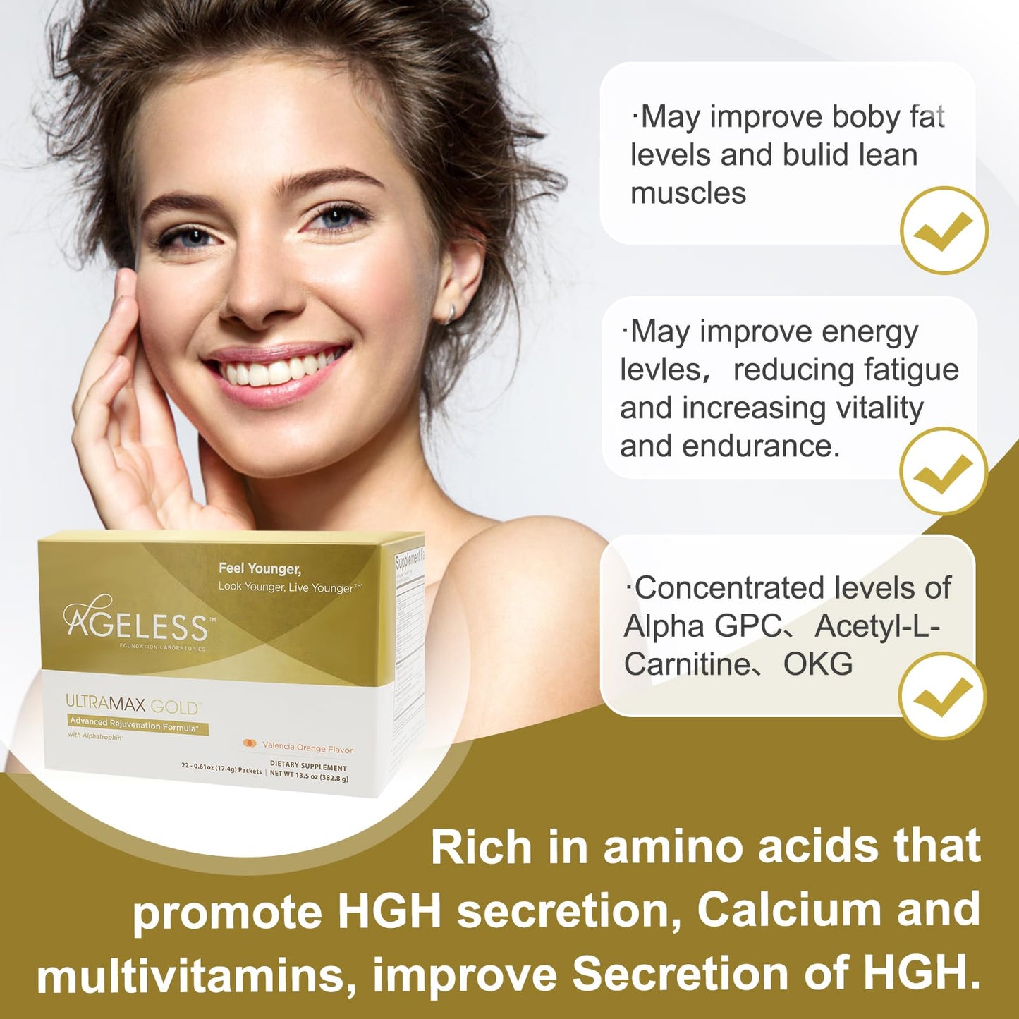 AGELESS™: UltraMAX Gold™ Capsules, HGH Anti-Aging Supplement for Women, Slows Cellular Aging, Supports Immune Health, Smoother Skin Tone and Restorative Sleep, Weight Management, 90 Capsules | Healthy Aging Support, Cellular Energy, Longevity Support, Dai