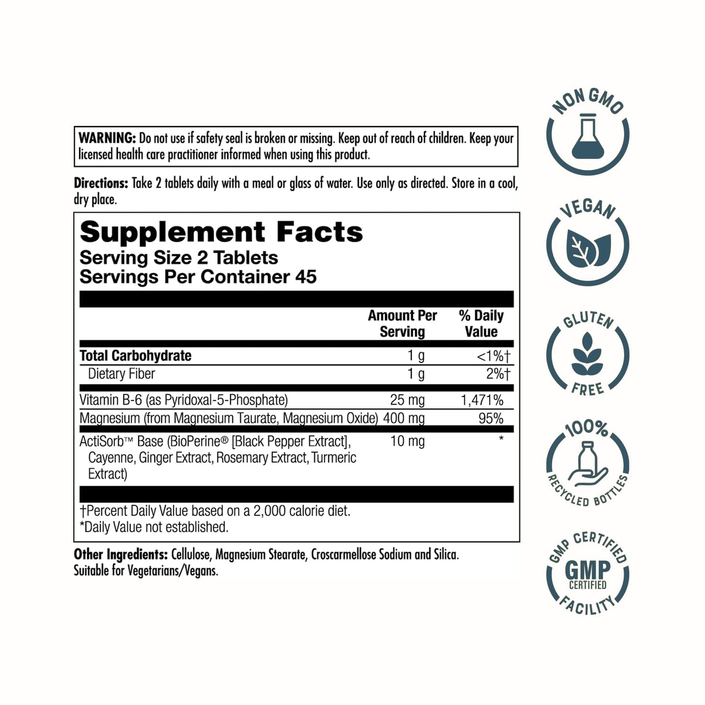 KAL Magnesium Taurate 400mg Plus Vitamin B6, Chelated Magnesium Supplement, High Absorption Magnesium Complex, Muscle and Heart Health Support, Vegan, Gluten Free, 60-Day Guarantee, 60 Serv, 120 Tabs
