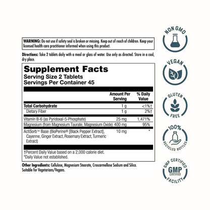 KAL Magnesium Taurate 400mg Plus Vitamin B6, Chelated Magnesium Supplement, High Absorption Magnesium Complex, Muscle and Heart Health Support, Vegan, Gluten Free, 60-Day Guarantee, 60 Serv, 120 Tabs