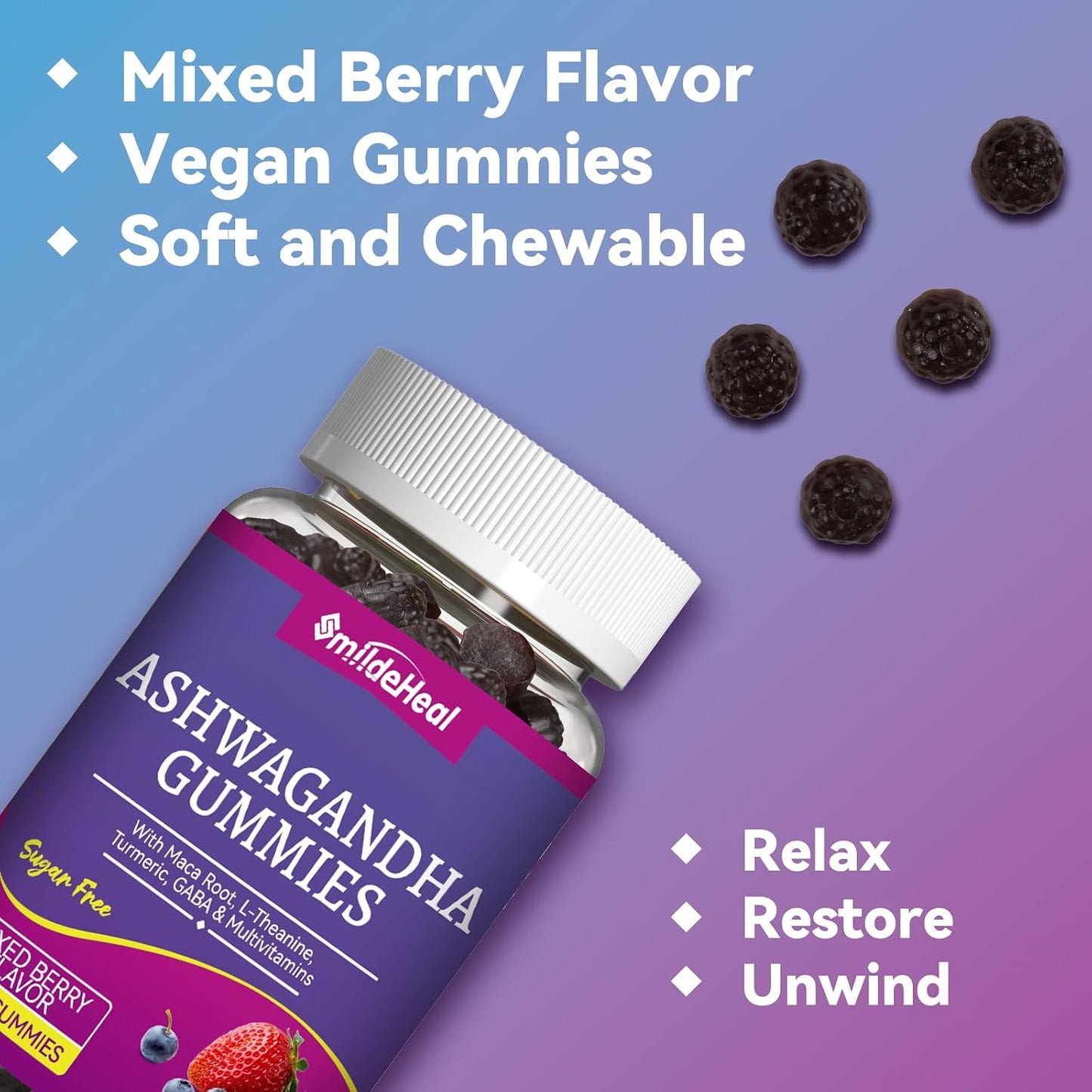 Ashwagandha Gummies 3000mg for Calm & Stress Relief, 60 Count, Vegan | Ashwagandha High Strength Root Extract Supplement with L-Theanine, Trumeric, D3 for Women & Men - Natural Mixed Berry Flavor