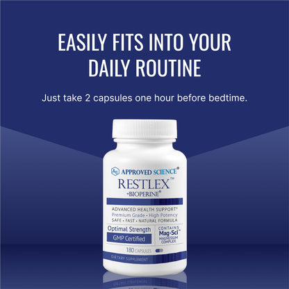 Approved Science Restlex for Restless Legs – Magnesium Glycinate for Calm Legs and Restful Legs – Natural Itching, Crawling, and Tingling in Feet and Legs - Calm, Restful Sleep Support - 1 Month