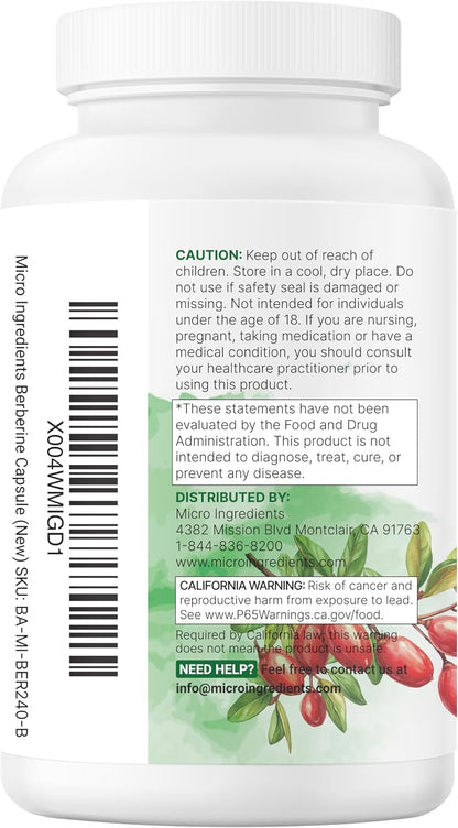 Micro Ingredients Berberine with Ceylon Cinnamon, 240 Veggie Capsules | High Absorption Berberine HCI Supplement + Turmeric Root & Cinnamon Bark Extract | Non-GMO, Gluten Free