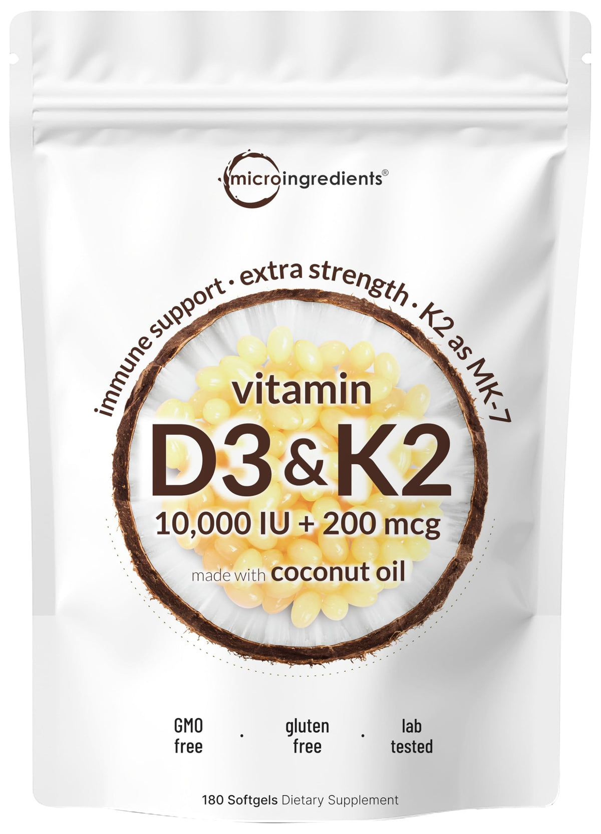 Micro Ingredients Vitamin D3 K2 MK-7 10,000 IU Per Serving, 300 Softgels | Made with Virgin Coconut Oil, K2 200 mcg Per Serving. D3 & K2 Vitamin Supplement. Easy-to-Swallow. Non-GMO, Gluten Free.