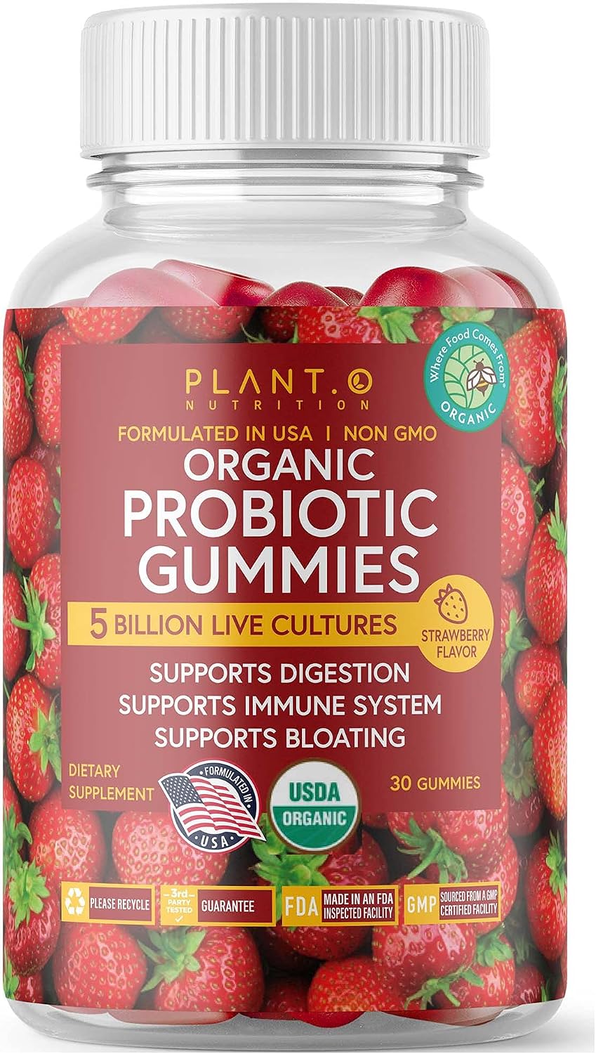 Plant.O Organic Probiotic Gummies for Women, Men & Kids [5 Billion CFUs USDA Certified] Help Support Digestion, Bloating, Constipation & Immune System, Strawberry Flavor, 30 Chewable Probiotics