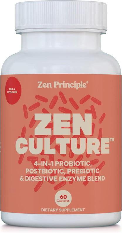 Zen Principle Zenculture™ – 4-in-1 Synbiotic Supplement (Probiotic + Prebiotic + Postbiotic + Digestive Enzymes) with CoreBiome®. Anti Bloating, Immune & Brain-Gut Health. 60 Capsules