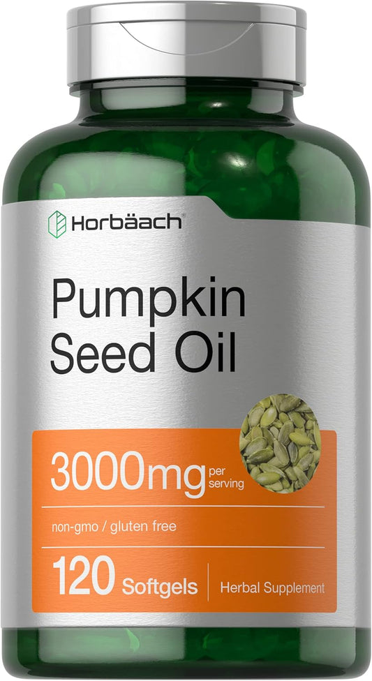Horbäach Pumpkin Seed Oil 3000mg | 120 Softgel Capsules | Essential Fatty Acids with Omega 6 and 9 | Cold Pressed Dietary Supplement | Non-GMO and Gluten Free Formula