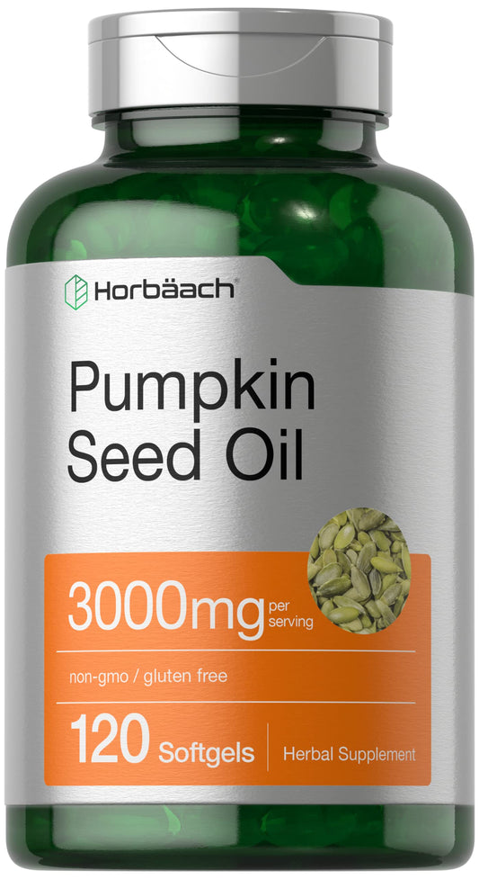 Horbäach Pumpkin Seed Oil 3000mg | 120 Softgel Capsules | Essential Fatty Acids with Omega 6 and 9 | Cold Pressed Dietary Supplement | Non-GMO and Gluten Free Formula