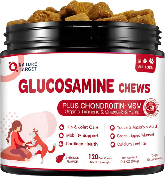NATURE TARGET Glucosamine for Dogs, 120 Soft Chews, Chicken Flavor | Joint Supplement with Chondroitin, MSM, Omega-3,Hemp for Pain Relief, Hip & Joint Chews for Dogs with Calcium for Bone Health