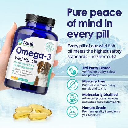 Pure Omega 3 Fish Oil for Dogs, Wild Caught from Iceland, Skin and Coat Supplement for Shedding, Dry Itchy Skin and Allergies, Rich in EPA + DHA with Omega 3, 6 & 9 Fatty Acids, 1000mg, 180 Capsules