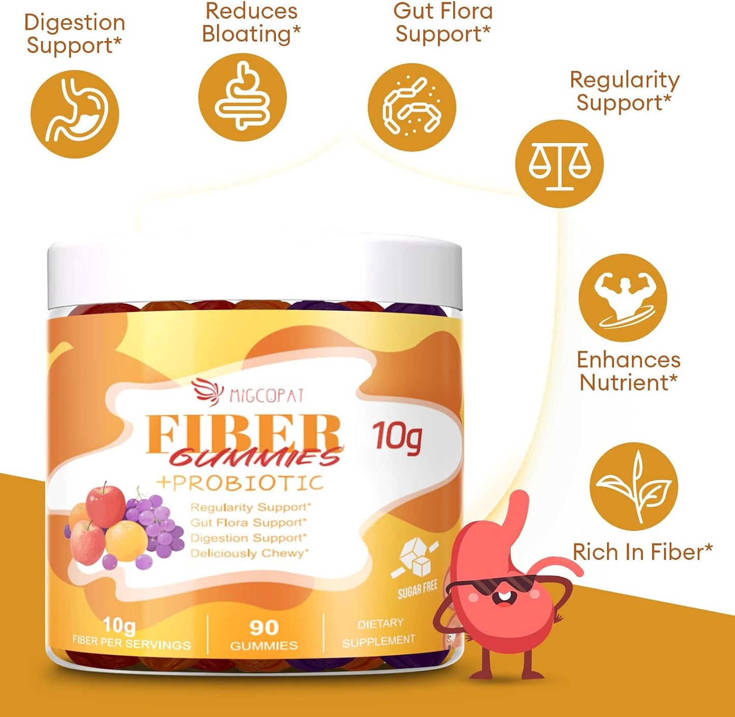 Migcopat 10G Fiber Gummies with Probiotics, Fiber Supplement with 30 Billion CFU Probiotics Blend, ACV, Vitamin C, Inulin - Support Digestive Health - No Sugar Added - Fruit Flavored - 90 Count