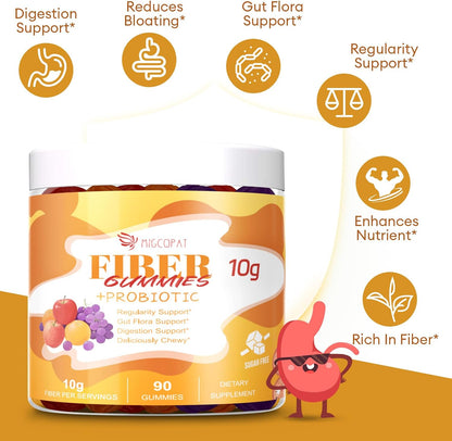 Migcopat 10G Fiber Gummies with Probiotics, Fiber Supplement with 30 Billion CFU Probiotics Blend, ACV, Vitamin C, Inulin - Support Digestive Health - No Sugar Added - Fruit Flavored - 90 Count