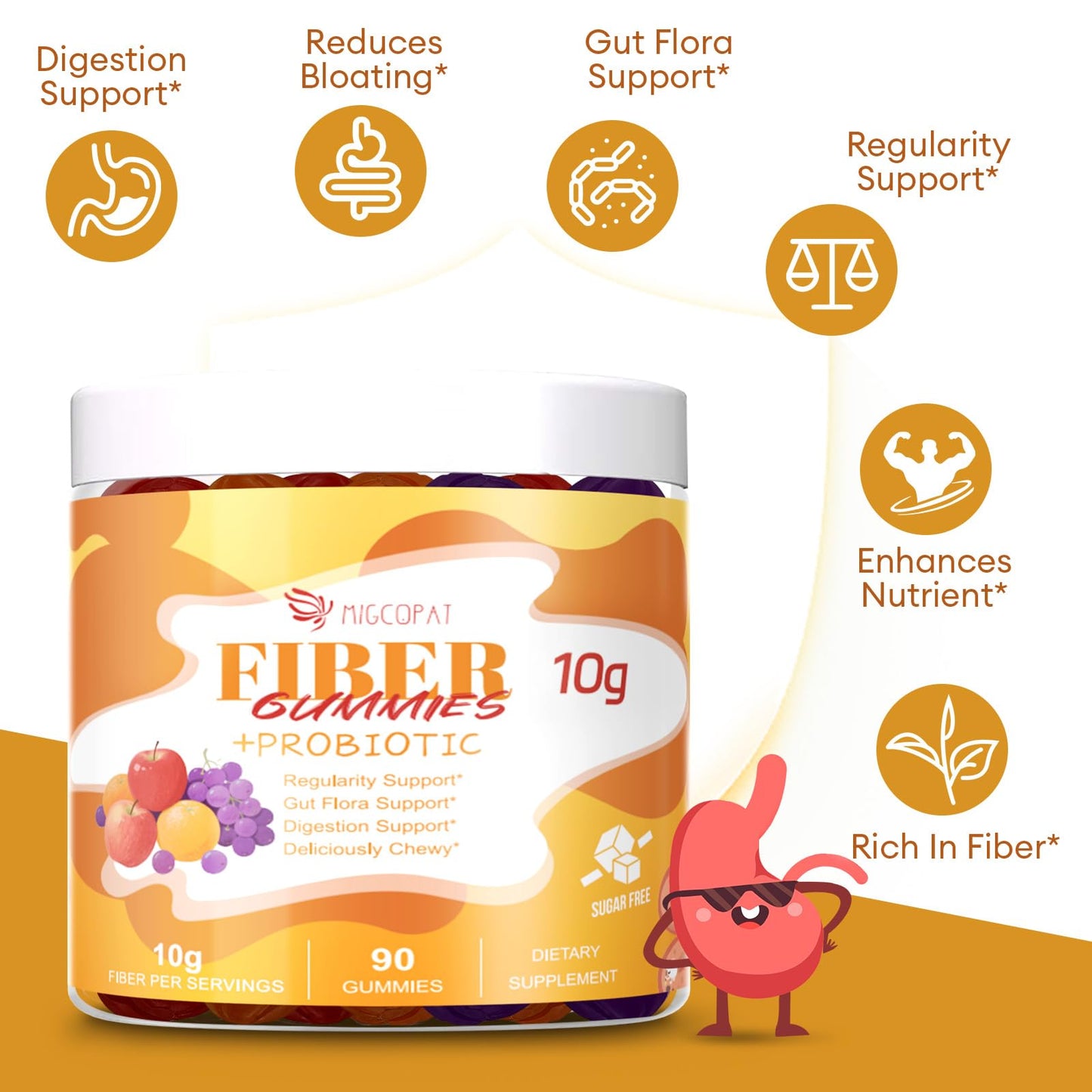 Migcopat 10G Fiber Gummies with Probiotics, Fiber Supplement with 30 Billion CFU Probiotics Blend, ACV, Vitamin C, Inulin - Support Digestive Health - No Sugar Added - Fruit Flavored - 90 Count